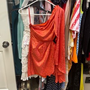 One Shoulder Coral Kimono Sleeve Cocktail Dress